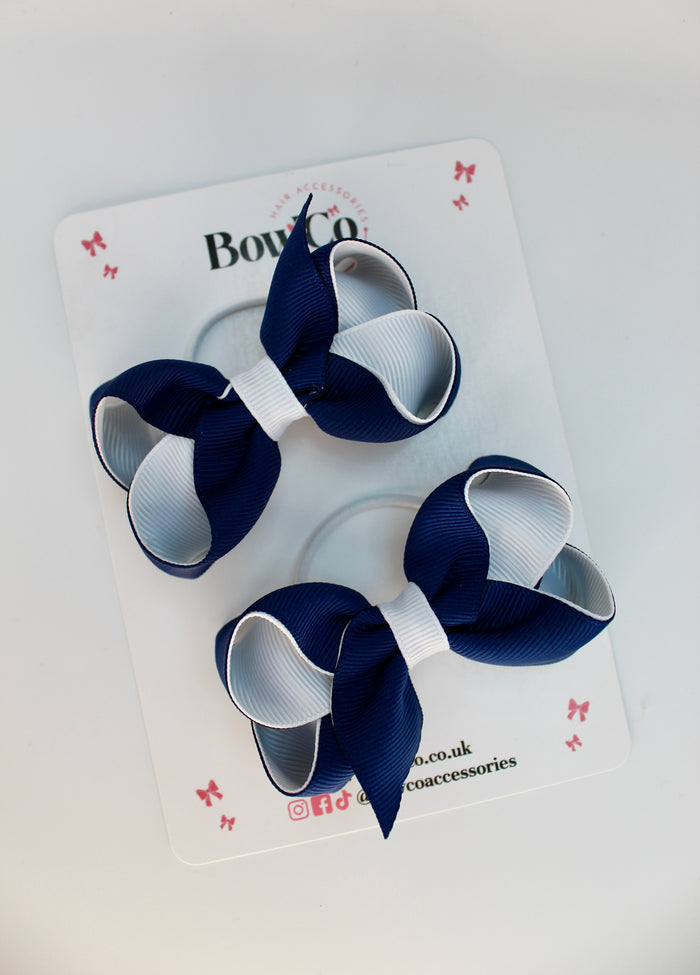 School Navy Blue and White Bows - Loop Bow Set - Elastic