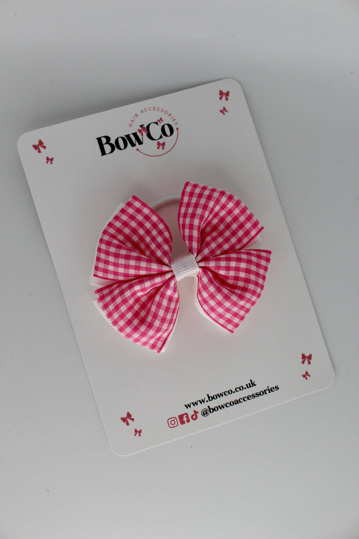 School Pink Bow Gingham - Double Layer Bow - Elastic