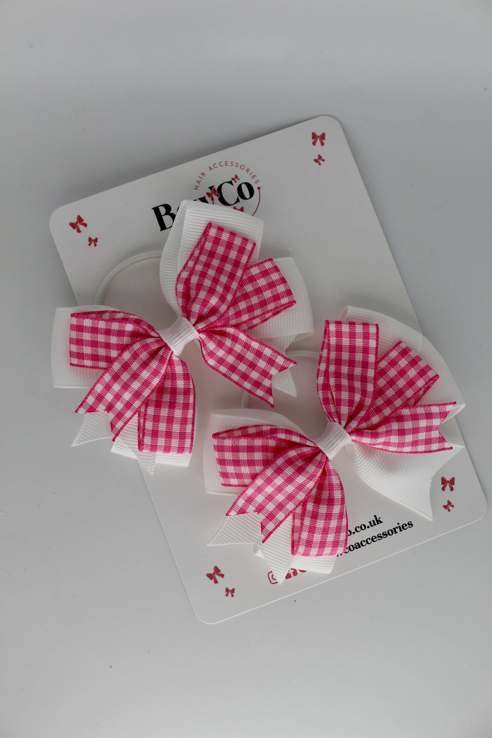 School Pink Bow Gingham - Double Tail Bow Set - Elastic