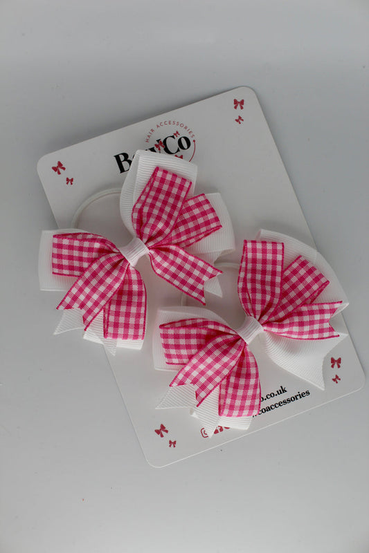 School Pink Bow Gingham - Double Tail Bow Set - Elastic