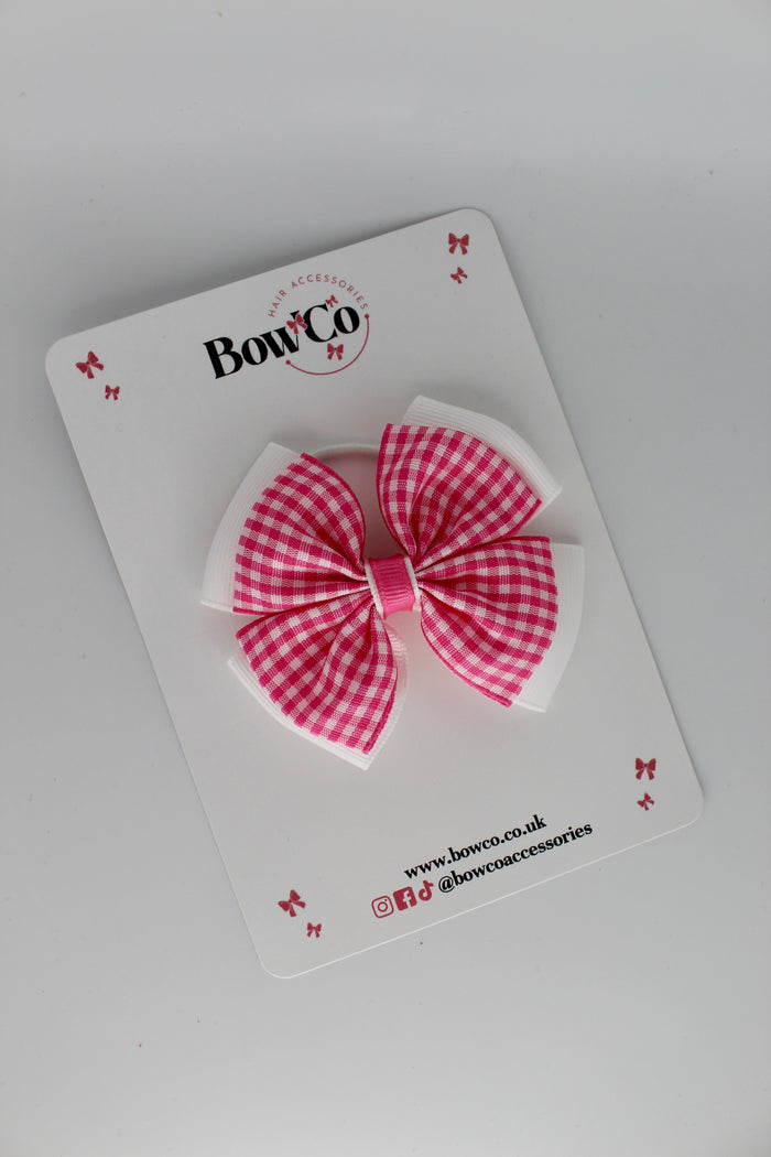 School Pink Bow Gingham - Layer Edge Bow - Elastic