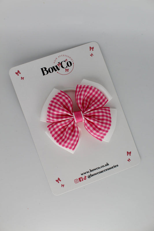 School Pink Bow Gingham - Layer Edge Bow - Elastic