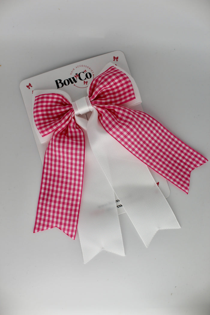 School Pink Gingham Classic Tail Bow - Clip