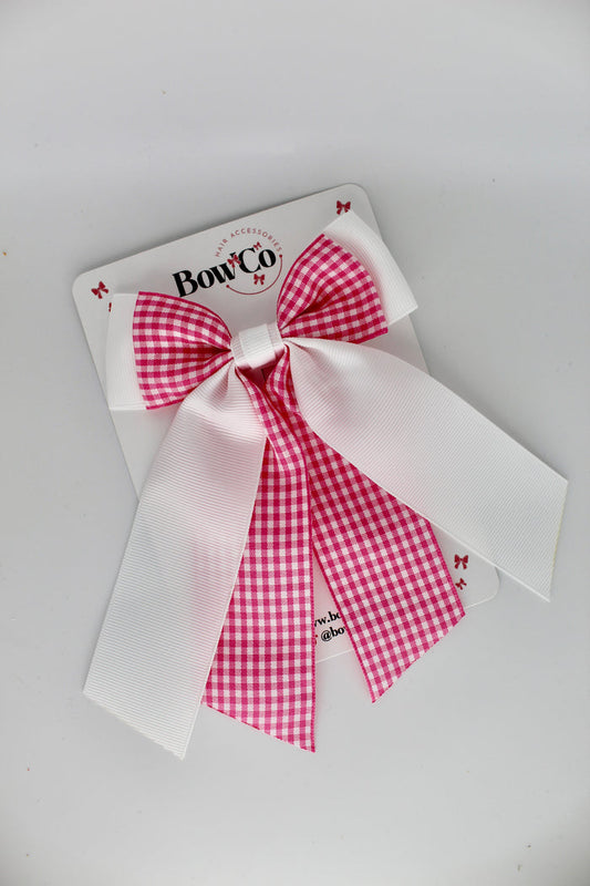 School Pink Gingham Double Layer Tail Bow - Clip