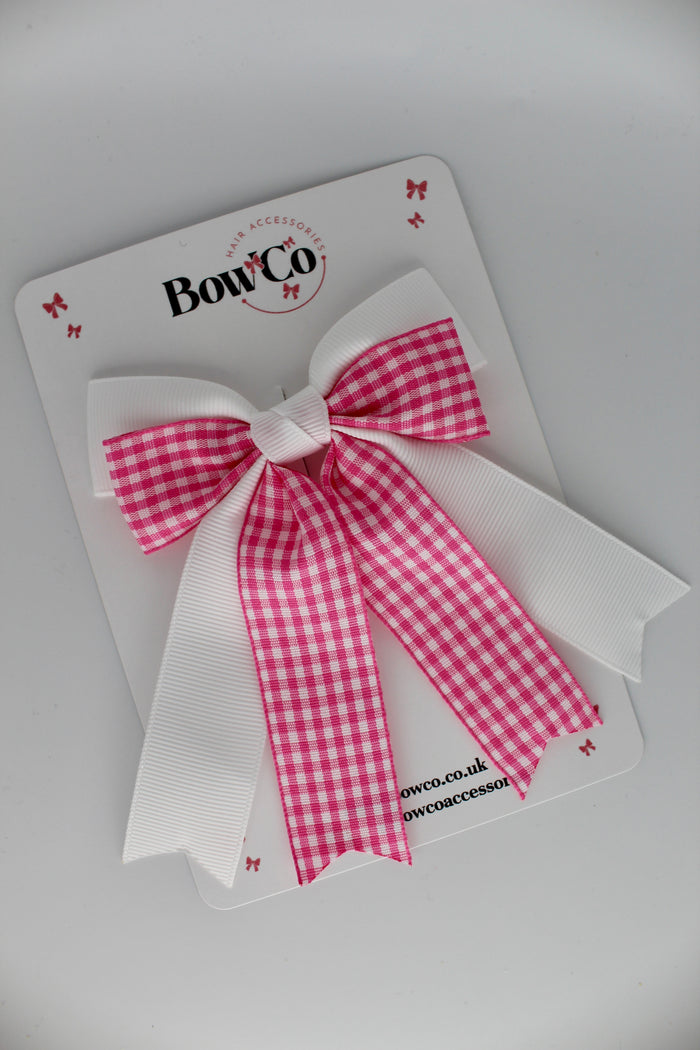 School Pink Gingham Double Ribbon Tail Bow - Clip