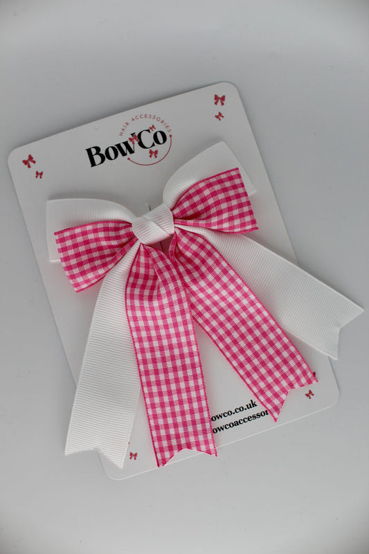 School Pink Gingham Double Ribbon Tail Bow - Clip