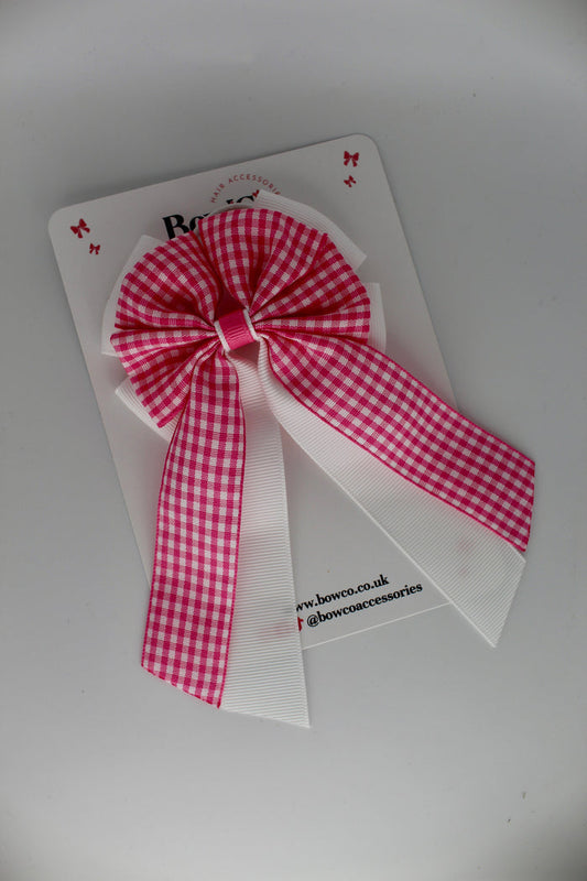 School Pink Gingham Layer Edge Tail Bow - Clip