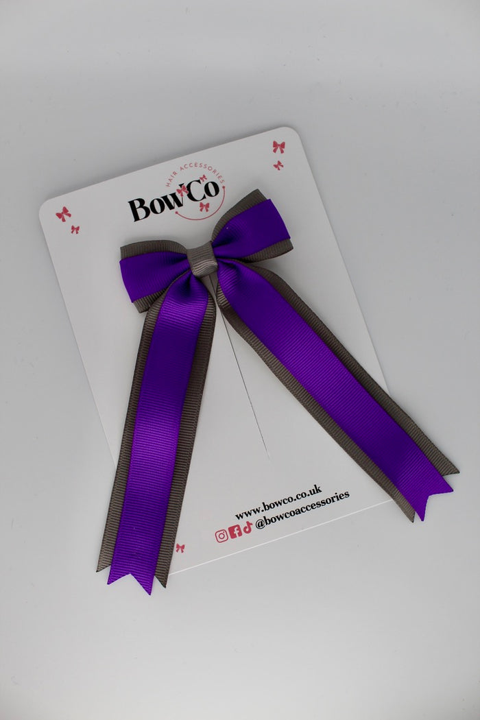 School Purple and Grey Tuxedo Tails Bow – Clip