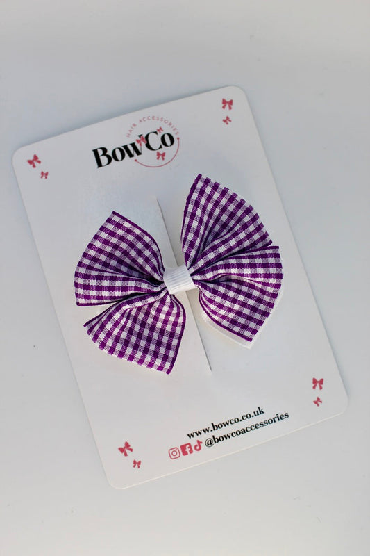 School Purple and White Gingham Double Bow Clip