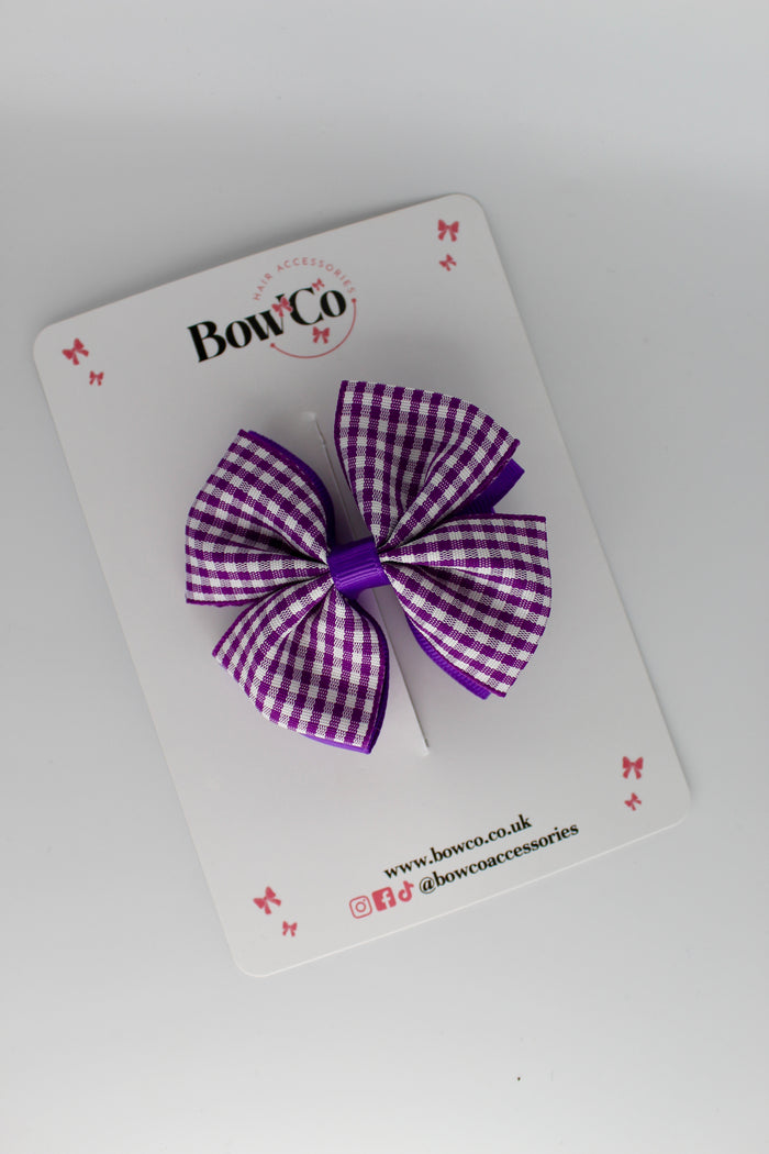 School Purple Gingham Double Bow Clip