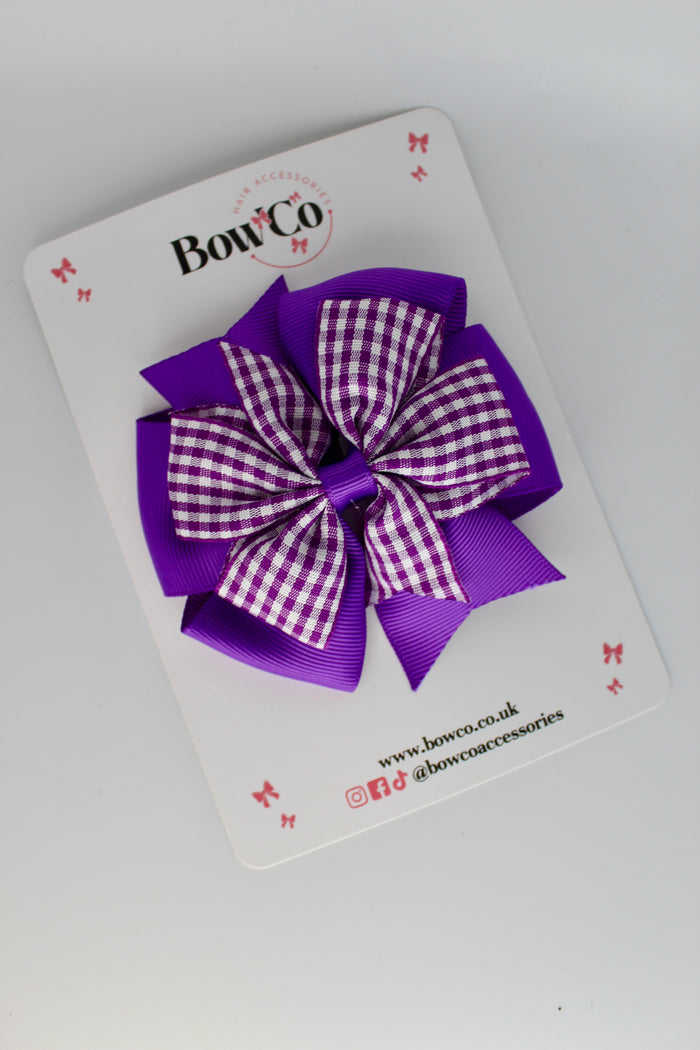 School Purple Gingham Pinwheel Bow Clip