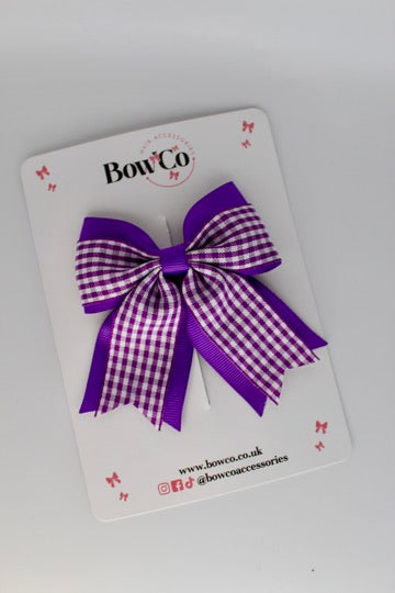 School Purple Gingham Tail Bow Clip