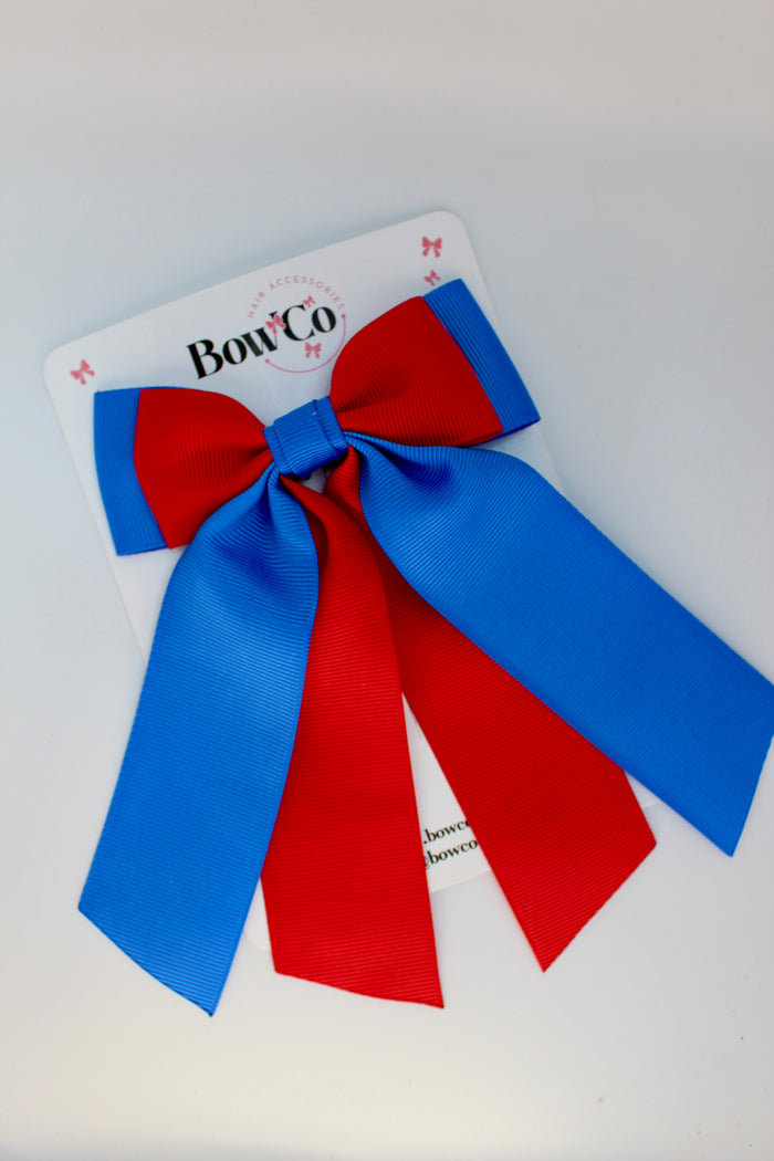 School Royal Blue and Red Bow - Double Layer Tail Bow - Clip