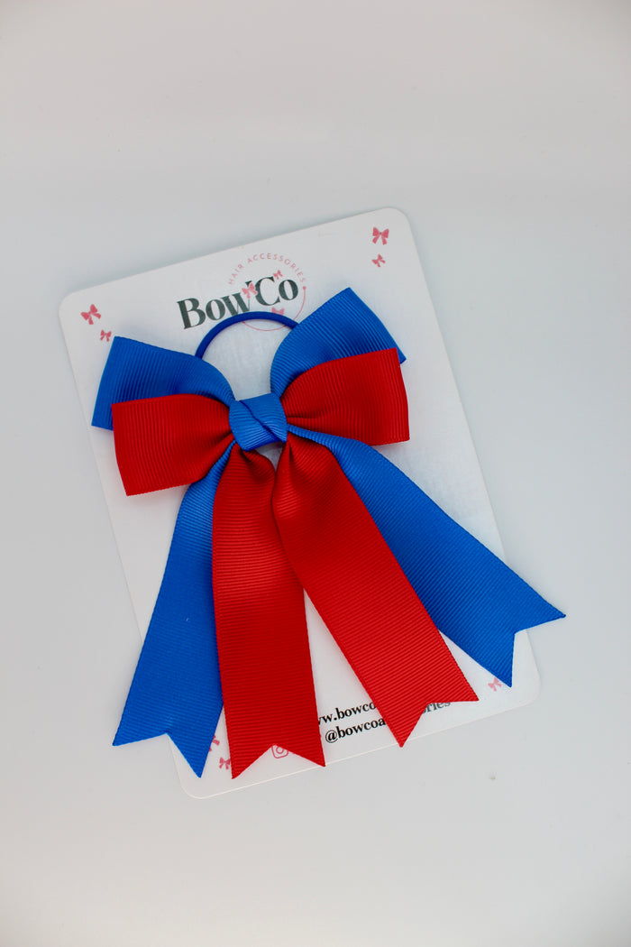 School Royal Blue and Red Bow - Double Ribbon Tail – Elastic
