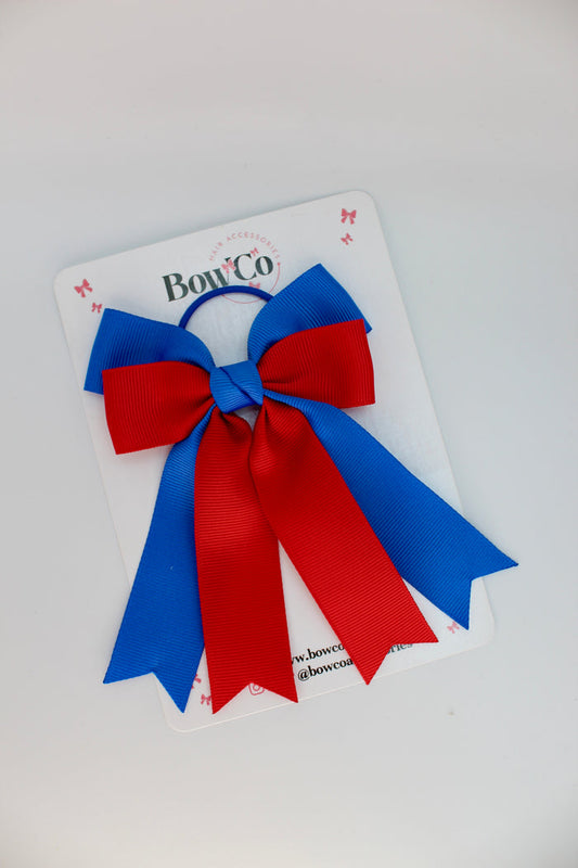 School Royal Blue and Red Bow - Double Ribbon Tail – Elastic