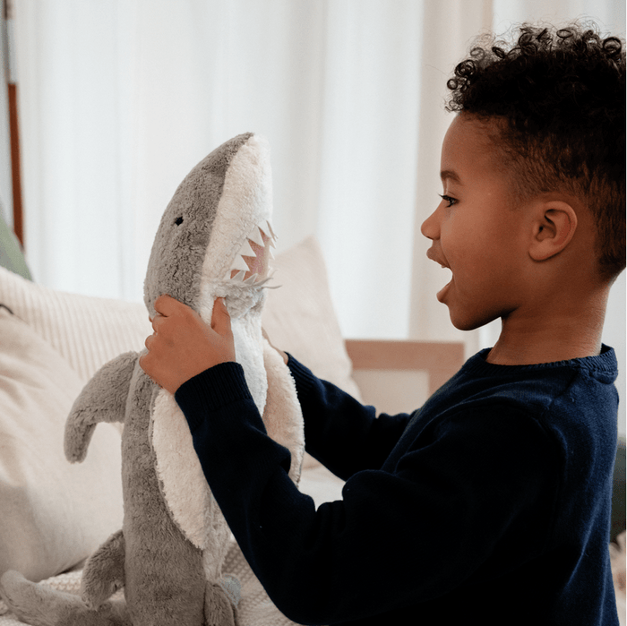 Child holding a shark plush toy in a cozy living room setting