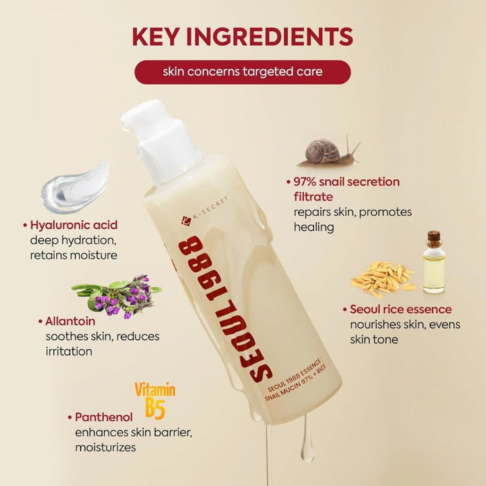 SEOUL 1988 Essence - Snail Mucin 97% + Rice 100ml - Beauty Tribe