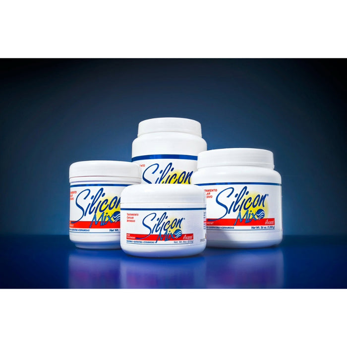 Silicon Mix hair treatment jars in various sizes white tubs with blue red labels on reflective surface