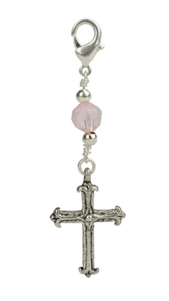 silver cross charm with pink bead lobster clasp vintage hair accessory front view