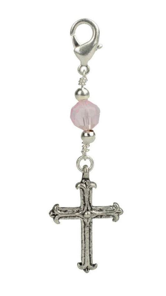 silver cross charm with pink bead lobster clasp vintage hair accessory front view