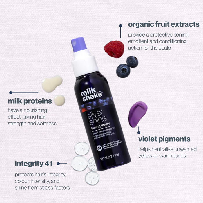milk_shake silver shining toning spray on a purple backgound