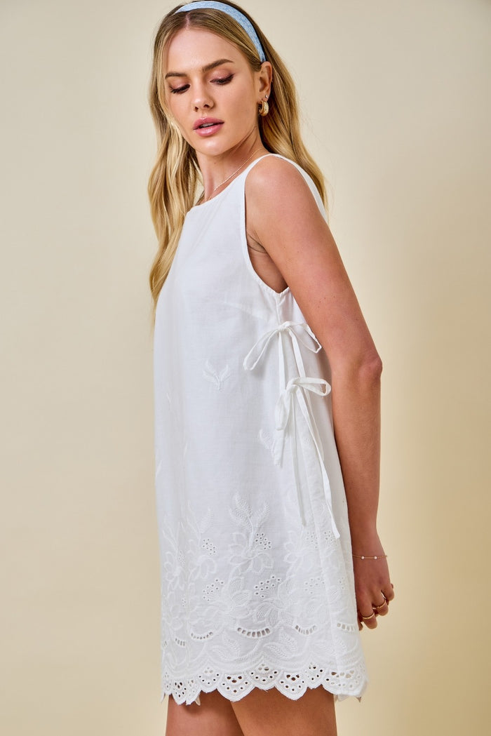 Sleeveless Cotton Embroidered Mini Dress W/ Double Side Ties