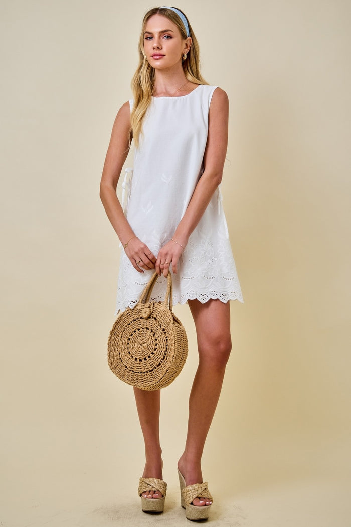 Sleeveless Cotton Embroidered Mini Dress W/ Double Side Ties
