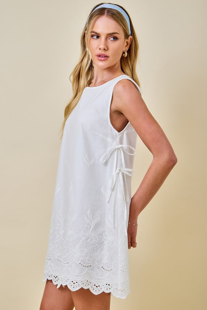 Sleeveless Cotton Embroidered Mini Dress W/ Double Side Ties