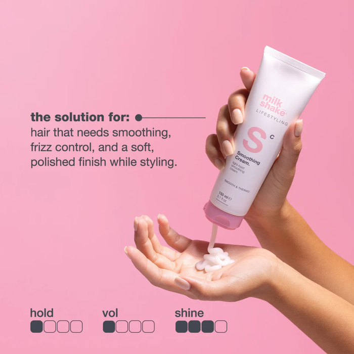Hand holding a bottle of milk_shake  smoothing cream with text on a pink background
