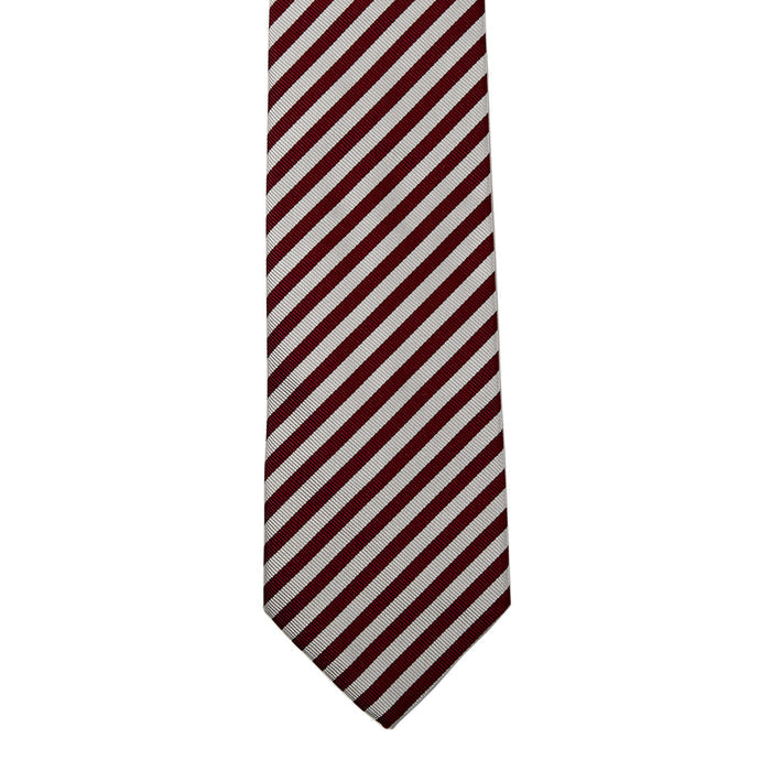 A handmade Sovereign Grade Burgundy and Silver London Stripe Silk Tie on a United Kingdom themed background by KirbyAllison.com.
