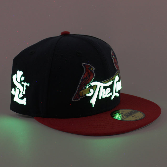 St. Louis Cardinals The Lou STL Patch New Era 59Fifty Fitted Hat (Navy Scarlet Red Gray Under Brim)
