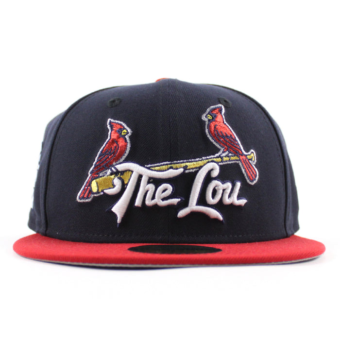 St. Louis Cardinals The Lou STL Patch New Era 59Fifty Fitted Hat (Navy Scarlet Red Gray Under Brim)
