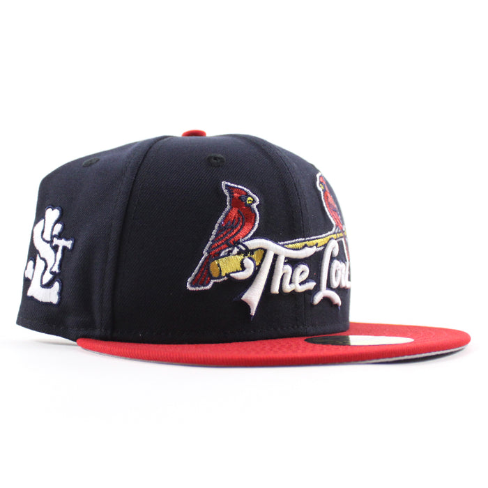 St. Louis Cardinals The Lou STL Patch New Era 59Fifty Fitted Hat (Navy Scarlet Red Gray Under Brim)