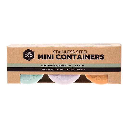 Front packaging of 3 x 60ml stainless steel containers with pastel-coloured silicone leakproof lids.