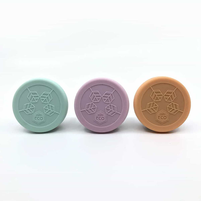 Ever Eco Stainless Steel Mini Containers Spring Pastels Collection, showing the coloured silicone lids on a white background.