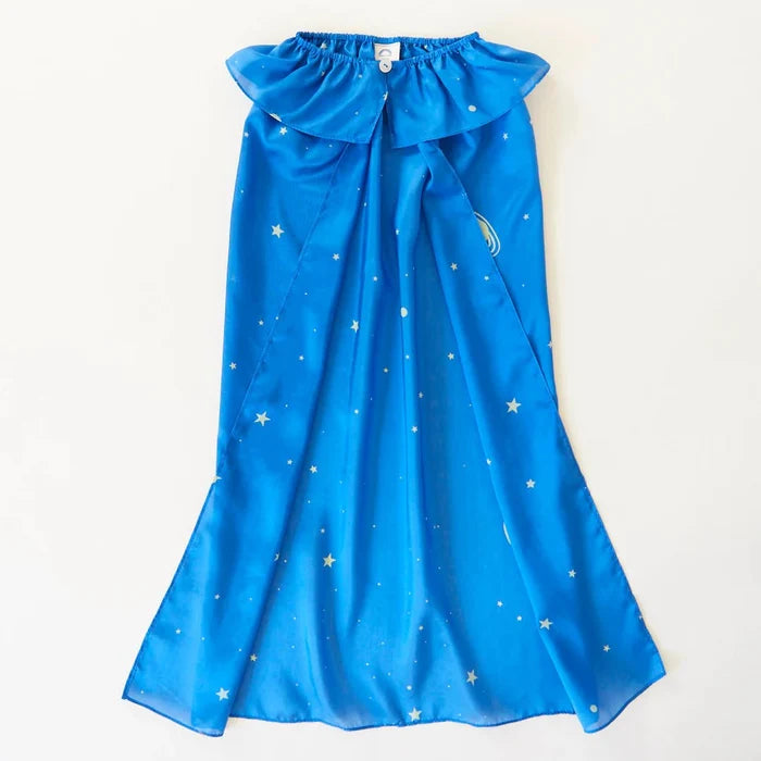Blue silk cape with star pattern on a white background