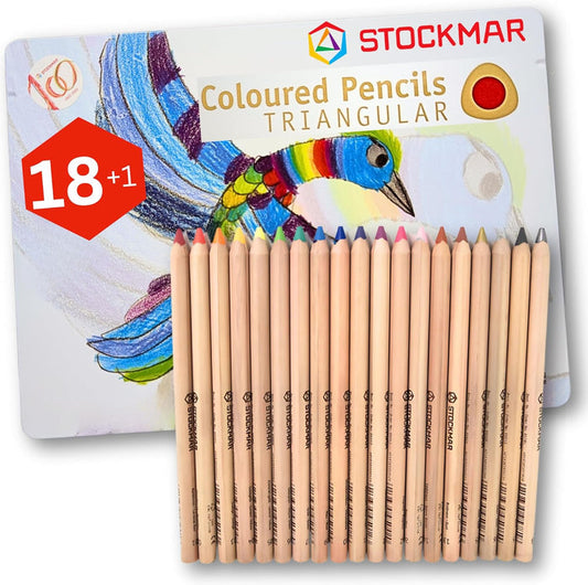 Stockmar tin of 19 triangular colored pencils on a white background