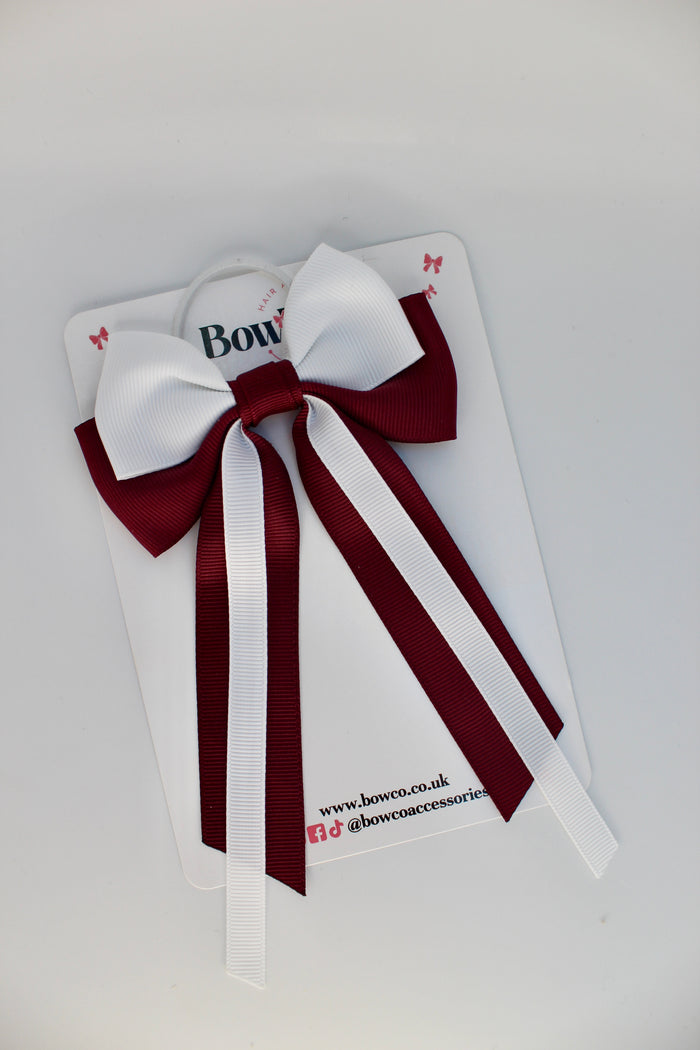 Streamer Tail School Hair Bow – Elastic - Burgundy and White