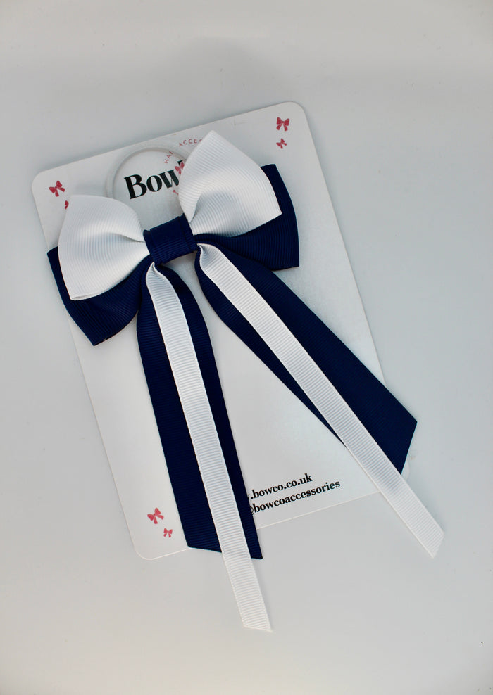 Streamer Tail School Hair Bow – Elastic - Navy Blue and White