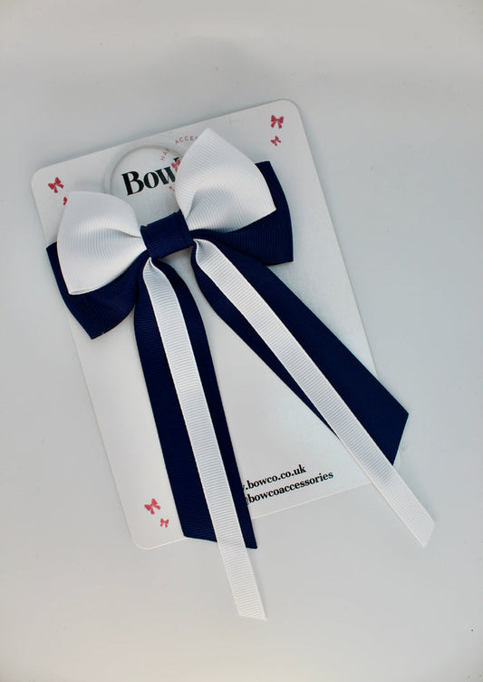 Streamer Tail School Hair Bow – Elastic - Navy Blue and White