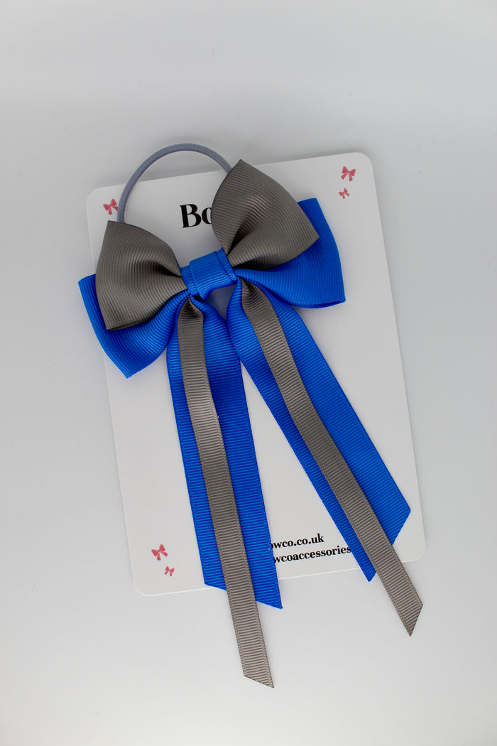 Streamer Tail School Hair Bow – Elastic - Royal Blue and Metal Grey