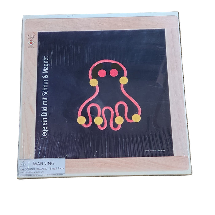 Sina wooden frame with magnetic surface with octopus made out of strings and magnets on a white background