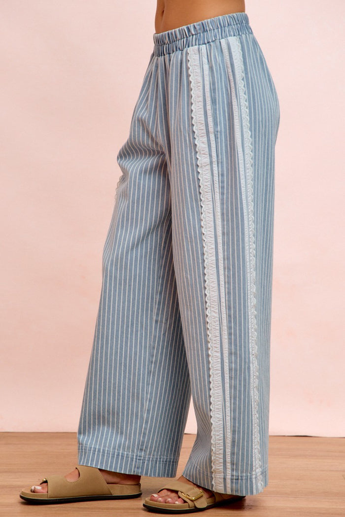 Stripes Lace Contrast Sided Denim Pants