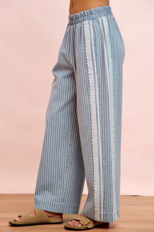 Stripes Lace Contrast Sided Denim Pants