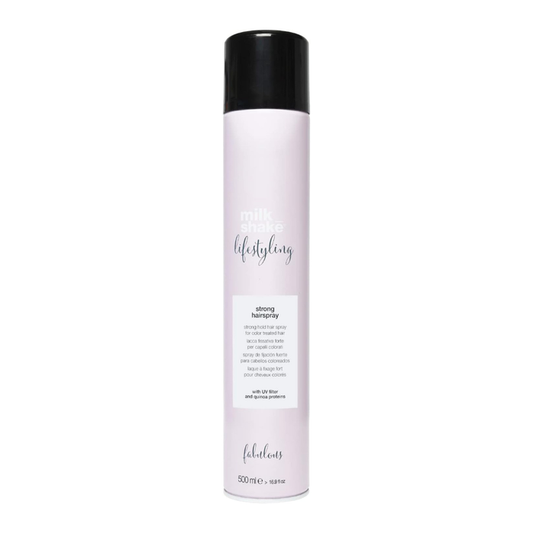 milk_shake  Hair spray bottle with black cap and white label on a white background