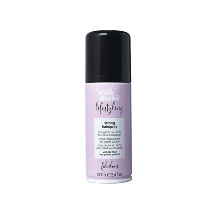 milk_shake Lifestyling strong hairspray bottle on a white background
