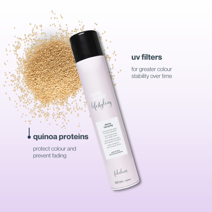 milk_shake lifestyling strong hairspray with quinoa proteins and UV filters on a light purple background