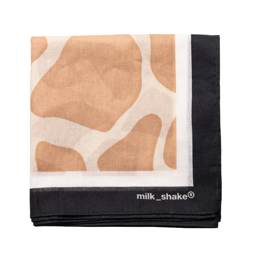bandana with abstract pattern and 'milk_shake' branding on a white background