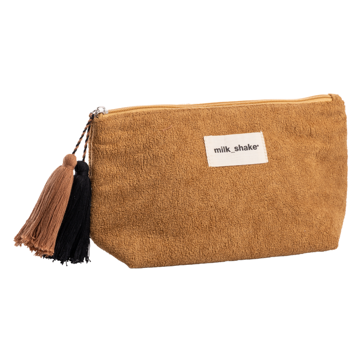 Brown textured pouch with a tassel and 'milk_shake' label on a white background