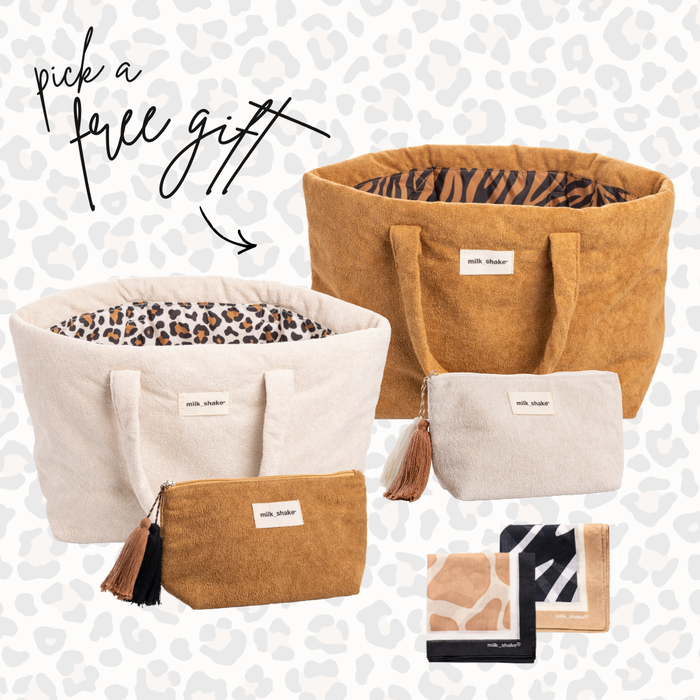 Set of bags and pouches with a free gift option on a patterned background